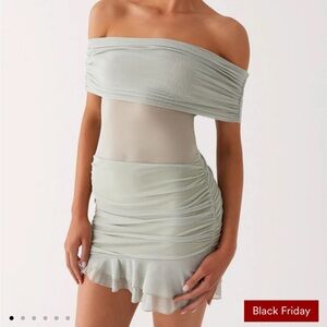 Peppermayo Off-Shoulder Mini Dress in Pale Sage